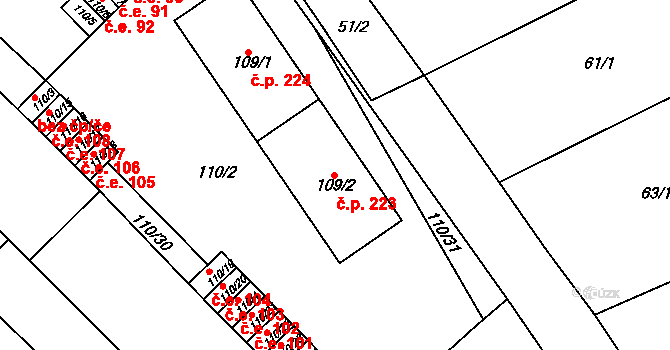 Ořechov 223,224 na parcele st. 109/2 v KÚ Ořechov, Katastrální mapa
