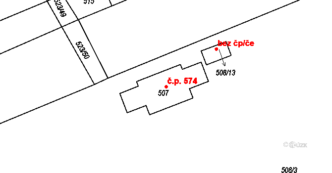 Buchlovice 574 na parcele st. 507 v KÚ Buchlovice, Katastrální mapa