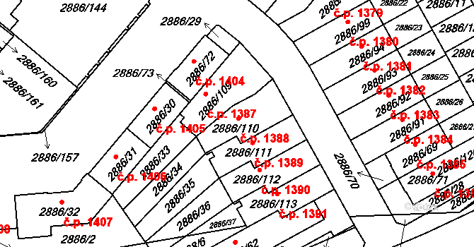 Kyje 1388, Praha na parcele st. 2886/110 v KÚ Kyje, Katastrální mapa