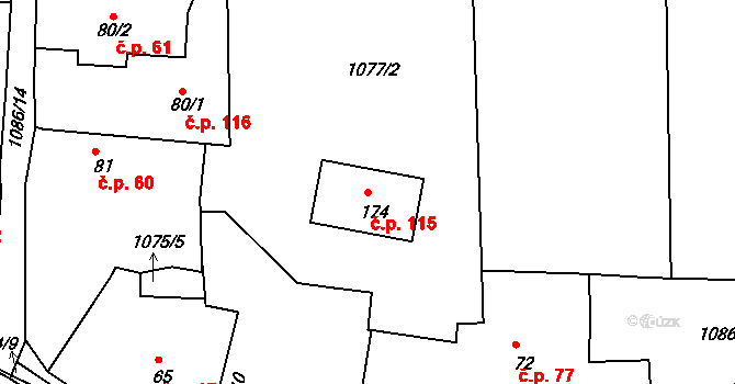 Mrtník 115 na parcele st. 174 v KÚ Mrtník, Katastrální mapa