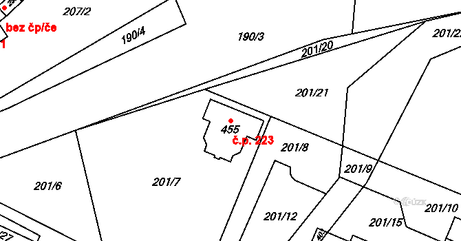 Lhotka 223, Česká Třebová na parcele st. 455 v KÚ Lhotka u České Třebové, Katastrální mapa