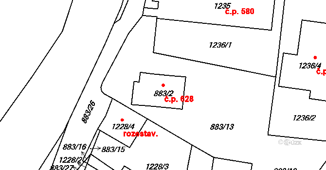 Kopřivnice 628 na parcele st. 883/2 v KÚ Kopřivnice, Katastrální mapa