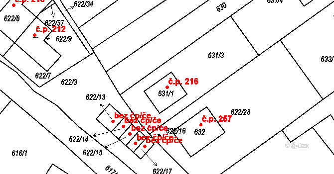 Zbýšov 216 na parcele st. 631/1 v KÚ Zbýšov, Katastrální mapa