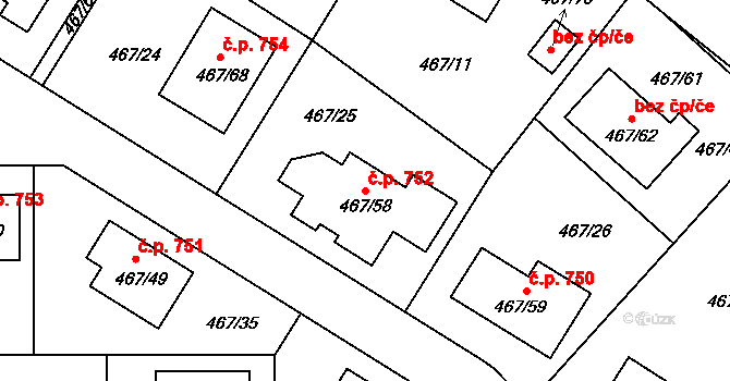Srubec 752 na parcele st. 467/58 v KÚ Srubec, Katastrální mapa