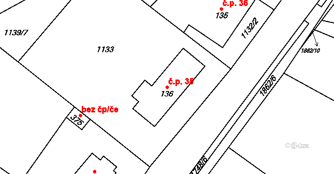 Lomnice 35 na parcele st. 136 v KÚ Lomnice u Rýmařova, Katastrální mapa