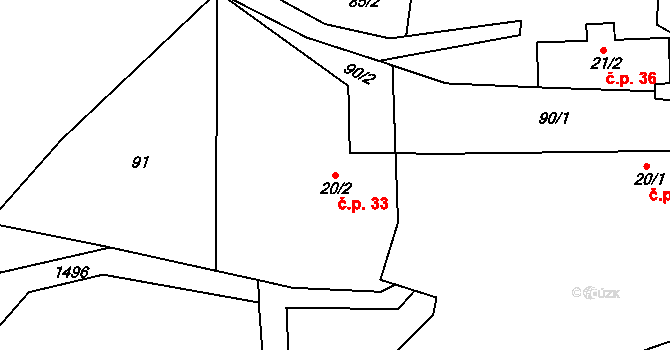 Zderadice 33, Maršovice na parcele st. 20/2 v KÚ Zderadice, Katastrální mapa