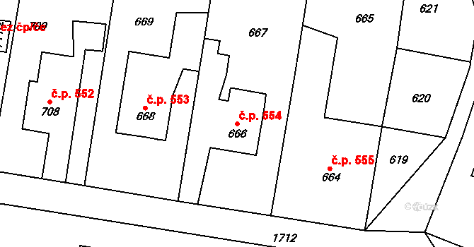 Bystřice nad Pernštejnem 554 na parcele st. 666 v KÚ Bystřice nad Pernštejnem, Katastrální mapa