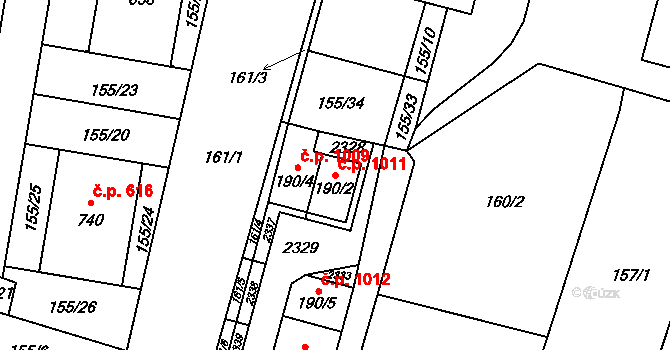 Lišov 1011 na parcele st. 190/2 v KÚ Lišov, Katastrální mapa