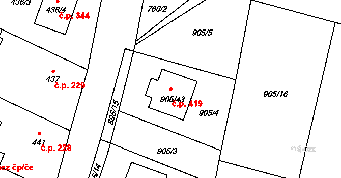 Malé Hoštice 419, Opava na parcele st. 905/43 v KÚ Malé Hoštice, Katastrální mapa