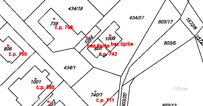 Kostelec nad Labem 742 na parcele st. 805 v KÚ Kostelec nad Labem, Katastrální mapa