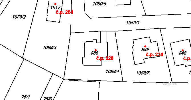 Čisovice 228 na parcele st. 888 v KÚ Čisovice, Katastrální mapa