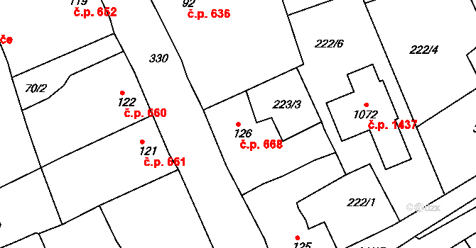 Rudná 668 na parcele st. 126 v KÚ Hořelice, Katastrální mapa