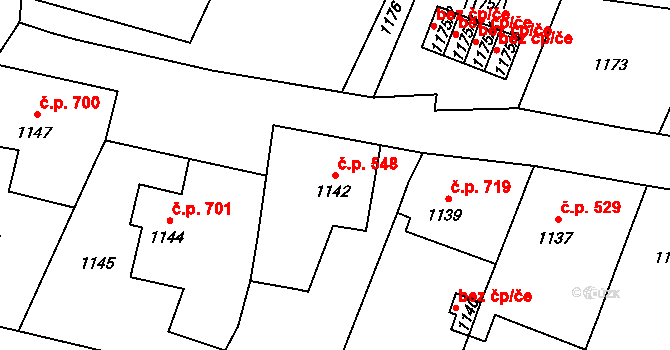 Loštice 548 na parcele st. 1142 v KÚ Loštice, Katastrální mapa