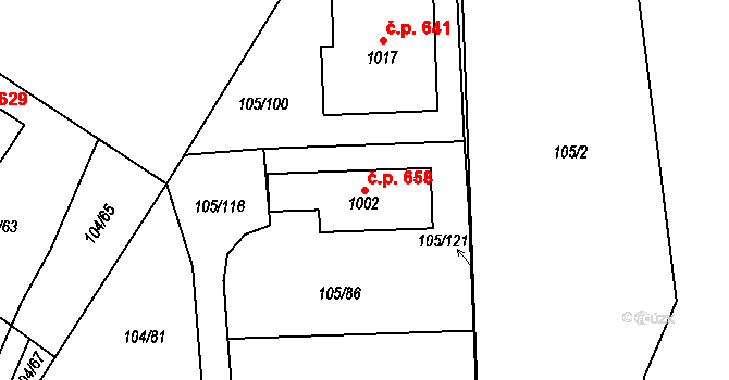 Měšice 658 na parcele st. 1002 v KÚ Měšice u Prahy, Katastrální mapa