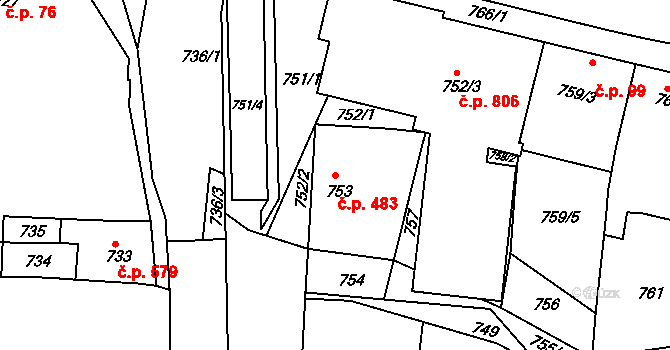 Klobouky u Brna 483 na parcele st. 753 v KÚ Klobouky u Brna, Katastrální mapa
