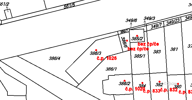 Pohořelice 1026 na parcele st. 386/3 v KÚ Pohořelice nad Jihlavou, Katastrální mapa