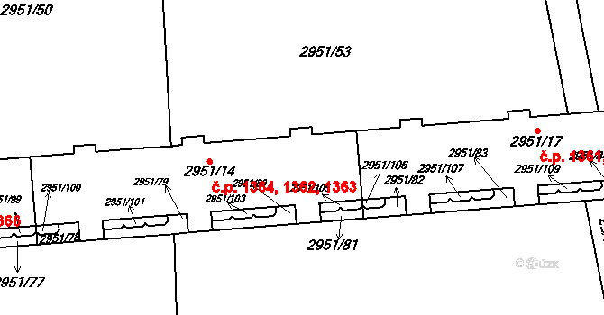 Holešov 1362,1363,1364 na parcele st. 2951/14 v KÚ Holešov, Katastrální mapa