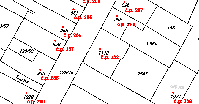 Telč-Štěpnice 332, Telč na parcele st. 1119 v KÚ Telč, Katastrální mapa