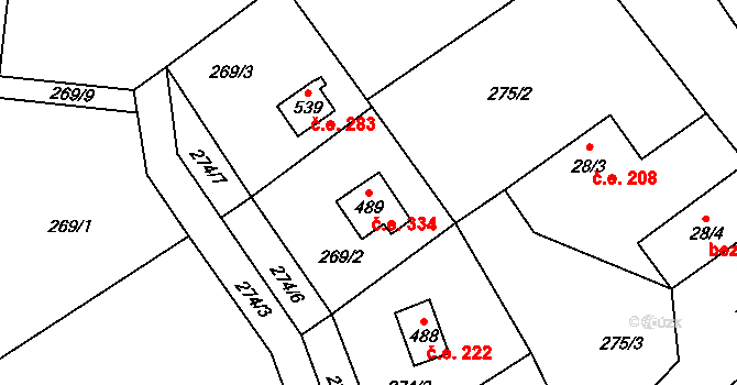 Hostěradice 334, Kamenný Přívoz na parcele st. 489 v KÚ Hostěradice, Katastrální mapa