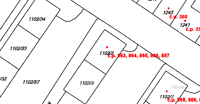 Nový Bor 863,864,865,866,867 na parcele st. 1102/2 v KÚ Nový Bor, Katastrální mapa