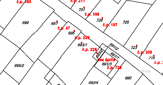 Vnorovy 228 na parcele st. 693/1 v KÚ Vnorovy, Katastrální mapa