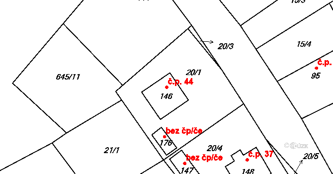 Hořešovice 44 na parcele st. 146 v KÚ Hořešovice, Katastrální mapa