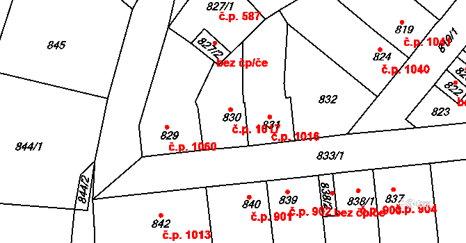 Tachov 1017 na parcele st. 830 v KÚ Tachov, Katastrální mapa