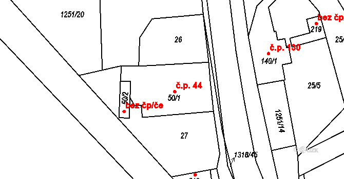 Benátecká Vrutice 44, Milovice na parcele st. 50/1 v KÚ Benátecká Vrutice, Katastrální mapa
