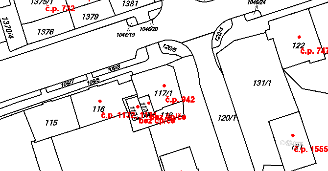 Kadaň 942 na parcele st. 117/1 v KÚ Kadaň, Katastrální mapa