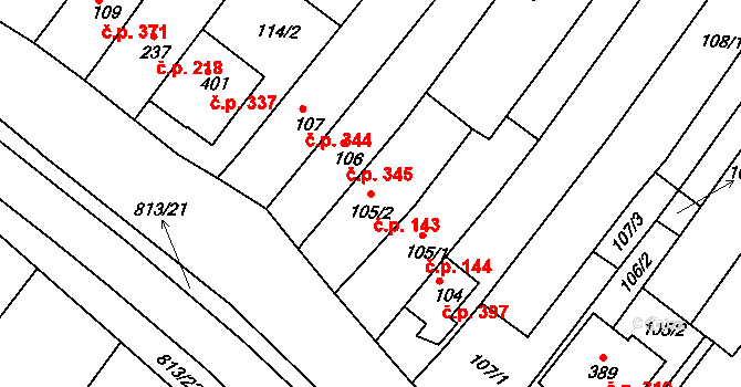 Sady 143, Uherské Hradiště na parcele st. 105/2 v KÚ Sady, Katastrální mapa