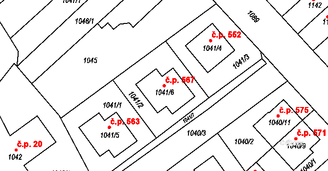 Obřany 567, Brno na parcele st. 1041/6 v KÚ Obřany, Katastrální mapa