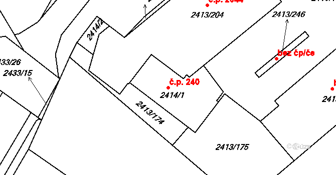 Pelhřimov 240 na parcele st. 2414/1 v KÚ Pelhřimov, Katastrální mapa