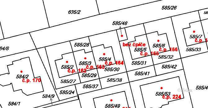 Točná 164, Praha na parcele st. 585/4 v KÚ Točná, Katastrální mapa