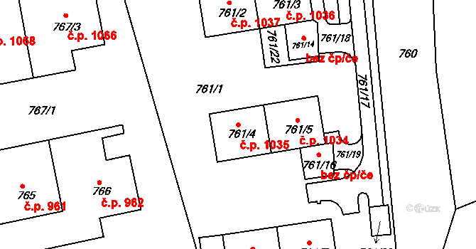 Kuřim 1035 na parcele st. 761/4 v KÚ Kuřim, Katastrální mapa