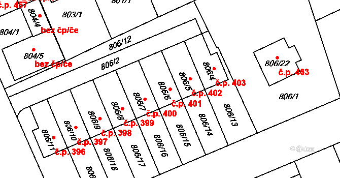 Koterov 401, Plzeň na parcele st. 806/6 v KÚ Hradiště u Plzně, Katastrální mapa