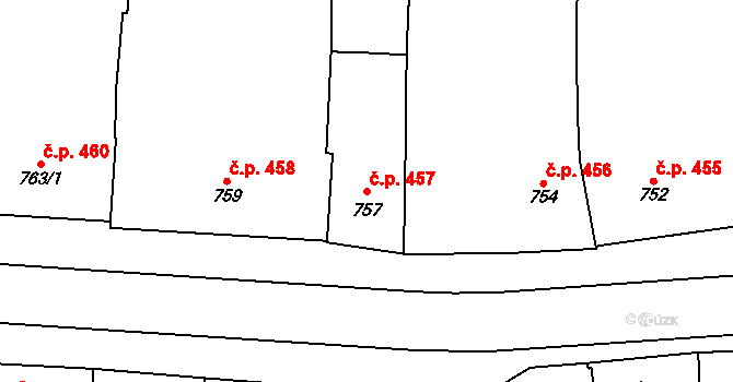 Prostějov 457 na parcele st. 757 v KÚ Prostějov, Katastrální mapa