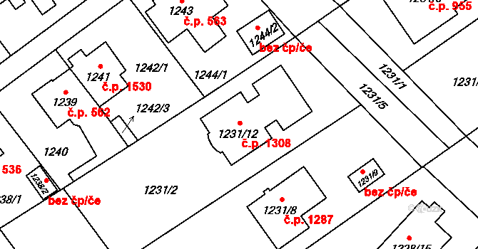 Uhříněves 1308, Praha na parcele st. 1231/12 v KÚ Uhříněves, Katastrální mapa