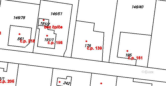 Pyšely 139 na parcele st. 178 v KÚ Pyšely, Katastrální mapa