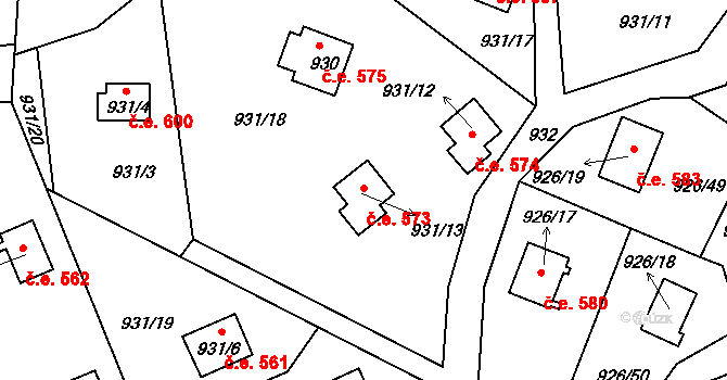 Hůrka 573, Horní Planá na parcele st. 931/13 v KÚ Horní Planá, Katastrální mapa