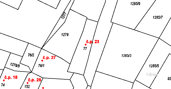 Růžkovy Lhotice 23, Čechtice na parcele st. 77 v KÚ Černičí, Katastrální mapa