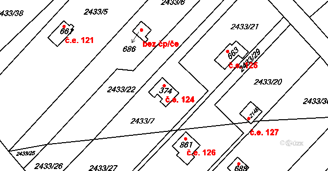 Lačnov 124, Svitavy na parcele st. 374 v KÚ Moravský Lačnov, Katastrální mapa