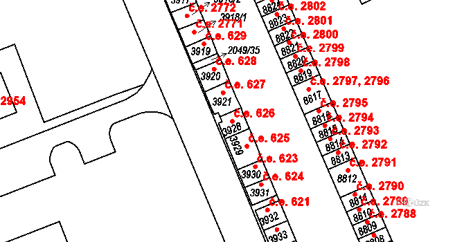 Hodonín 626 na parcele st. 3928 v KÚ Hodonín, Katastrální mapa