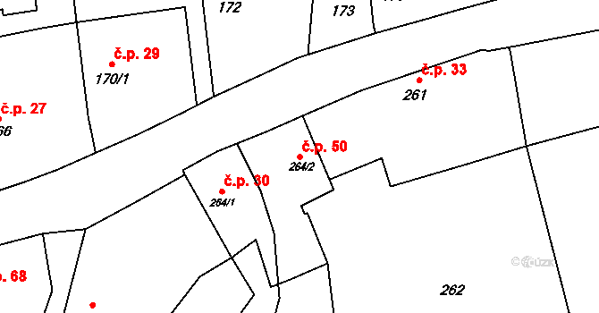 Těškovice 50 na parcele st. 264/2 v KÚ Těškovice, Katastrální mapa
