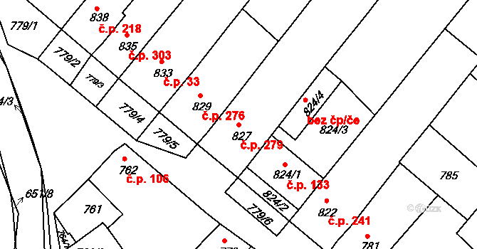 Huštěnovice 279 na parcele st. 827 v KÚ Huštěnovice, Katastrální mapa