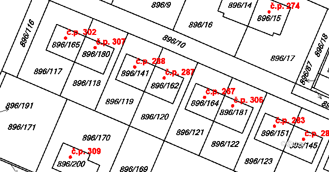 Babice u Rosic 287 na parcele st. 896/162 v KÚ Babice u Rosic, Katastrální mapa