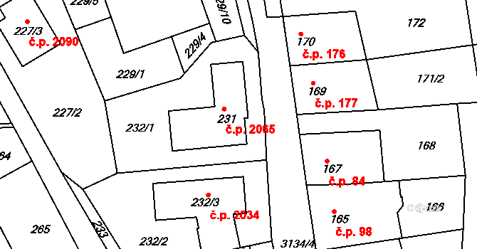 Krč 2065, Praha na parcele st. 231 v KÚ Krč, Katastrální mapa