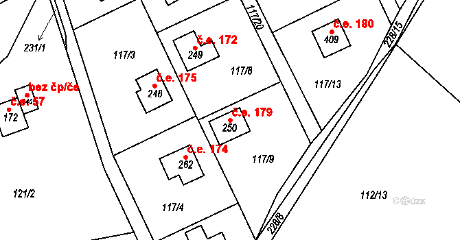 Řitka 179 na parcele st. 250 v KÚ Řitka, Katastrální mapa