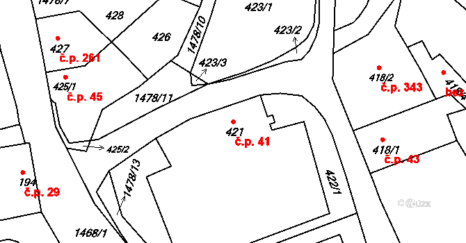 Olomučany 41 na parcele st. 421 v KÚ Olomučany, Katastrální mapa