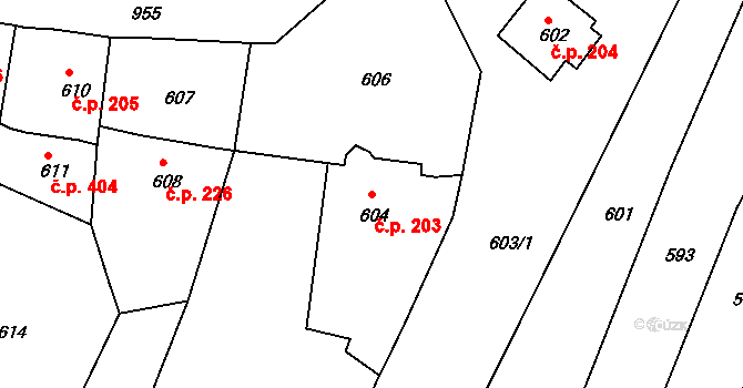 Štramberk 203 na parcele st. 604 v KÚ Štramberk, Katastrální mapa