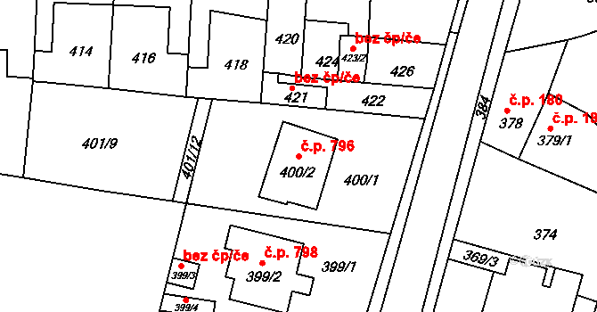 Podbořany 796 na parcele st. 400/2 v KÚ Podbořany, Katastrální mapa